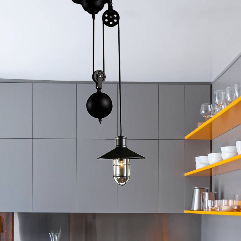 Pendellicht Licht mit Nautikstil mit Käfig Schatten 1 leichte Metallküche Hängende Lampe in Schwarz