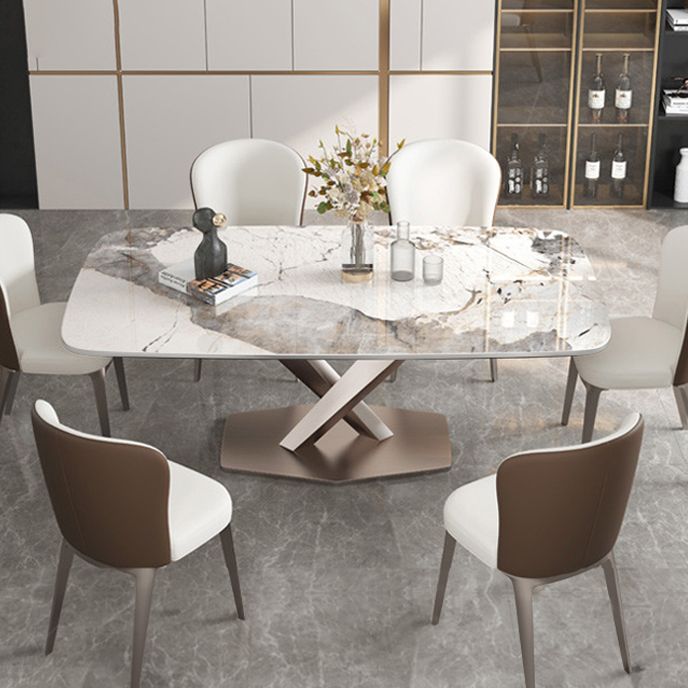 Tavolo da pranzo rettangolare contemporaneo in metallo tavolo da pranzo in pietra sinterizzata con base di piedistallo