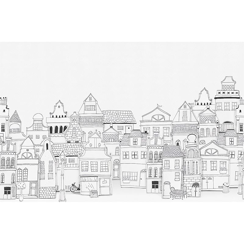 Whole City Scene Wall Mural for Meeting Room Decor Buildings Wall Art in Black and White, Water-Resistant