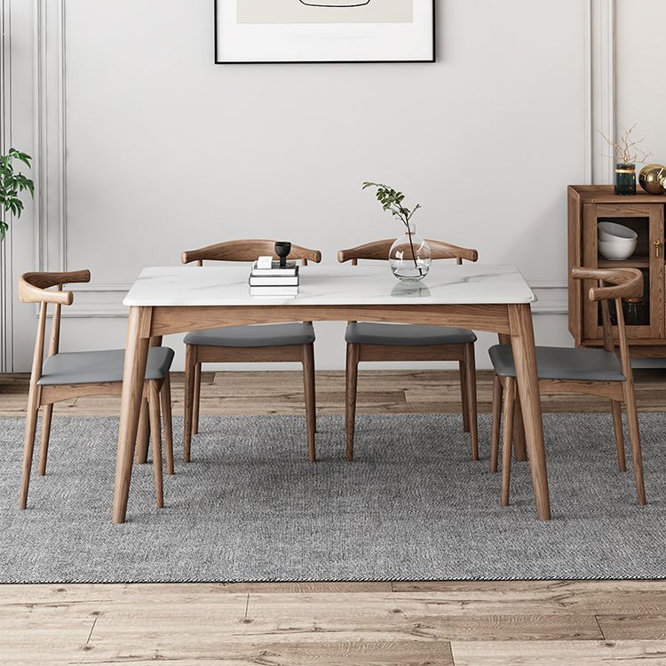 Medieval Modern Sintered Stone Table Kitchen Rectangle White Top Table with 4 Wood Legs