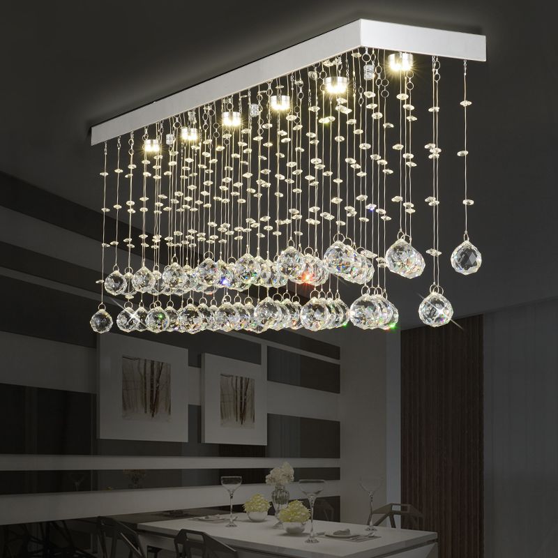 Rectangular Flush Mount Light Modern Faceted Crystal Ball 4 Lights Silver Ceiling Light for Dining Room, 23.5"/31.5"/39" Wide