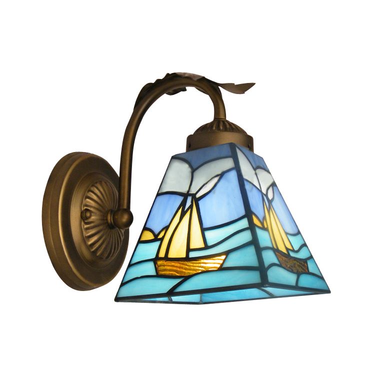 1 Light Sailboat Wall Sconce Light Nautical Stained Glass Wall Mount Light in Brass