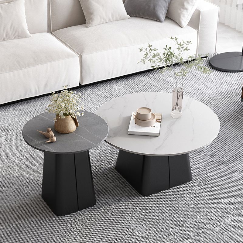 Modern Steel Pedestal Coffee Table Round Slate Top Table Set