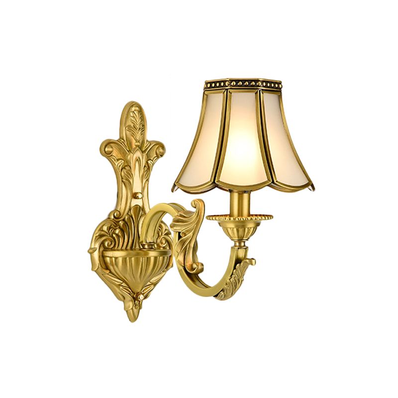 1/2 Light Flared/Bell Wall Mounted Light Traditional Polished Brass Frosted Glass Wall Sconce Lamp