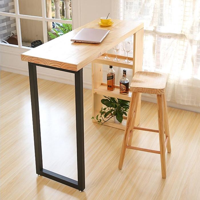 Industrial Pine Wood Bar Dining Table Rectangle Indoor Bistro Table with Shelf