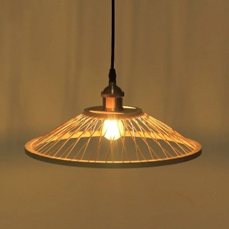 Hemispherical Bamboo Ceiling Light Asian Style 1 Bulb Wood Hanging Lamp for Restaurant