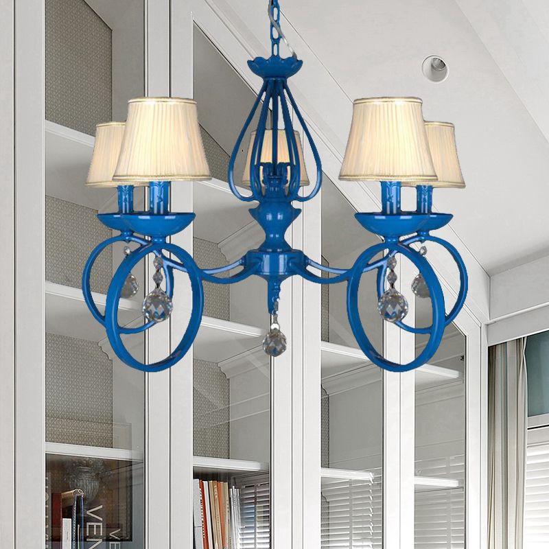 Fabric Cone de lampe pendentielle bleu 5/6/8 Lumières Classic Chandelier Lightture pour le salon avec drapage en cristal