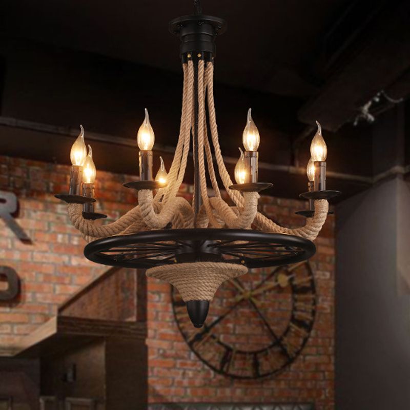 Seilkerze hängende Kronleuchter Bauernhaus 8 Lampen Restaurant Anhänger Licht in Schwarz mit Raddesign