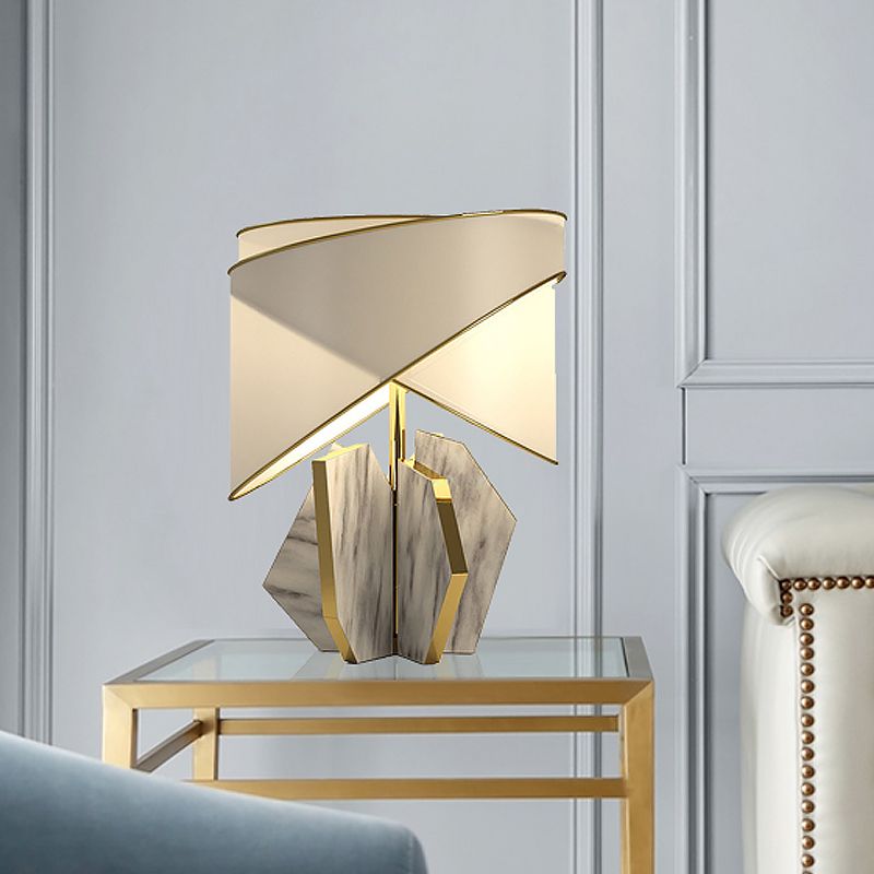 Fabric Shaded Table Lamp Modernist 1 Bulb Gold Desk Light with Gray Geometric Marble Base