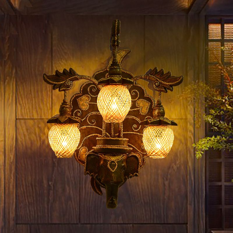 Wall Lighting Fixture Country Stairway Wall Sconce with Melon Bamboo Shade in Brown