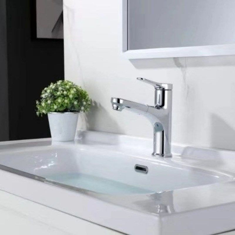 Modern Style Vessel Sink Faucet Lever Handle Copper Retractable Low Arc Vessel Faucet