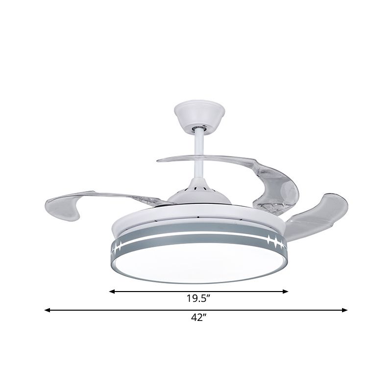 42 "W LED-Salon Hanging Lüfterlampe Minimalistischer weißer 3-Blade-Halbflush mit Drum Metallic Schatten