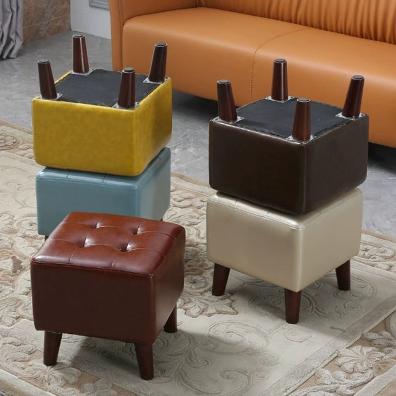 Pure Color Square Standard Modern Wine Red Leather Ottoman for Living Room