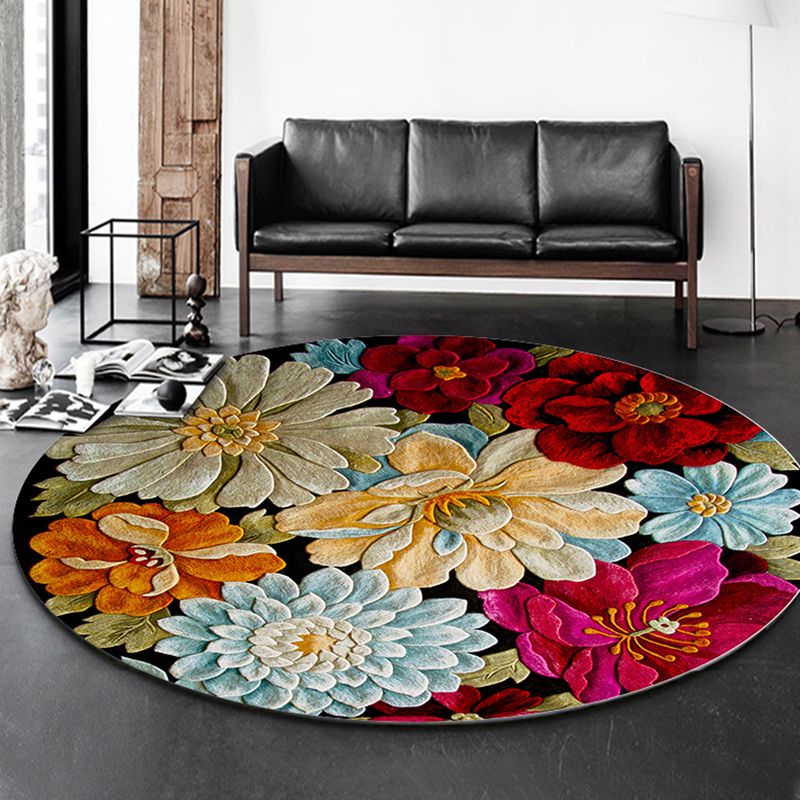 Multicolored Floral Printed Rug Contemporary Round Carpet Anti-Slip Backing Rug for Living Room