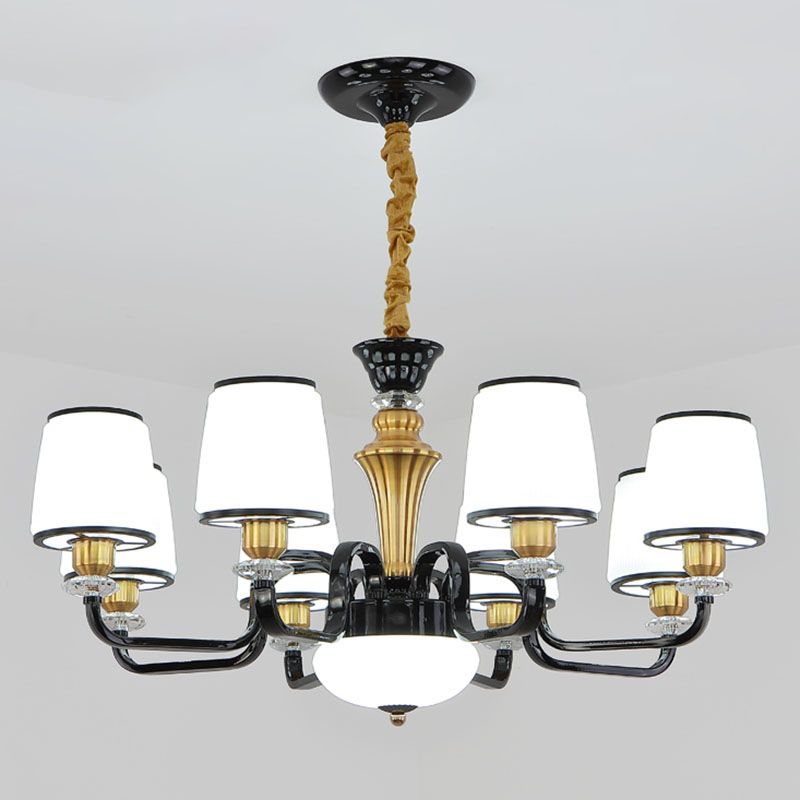 White Glass Barrel Drop Lamp Contemporary Black Chandelier Light Fixture for Dining Room