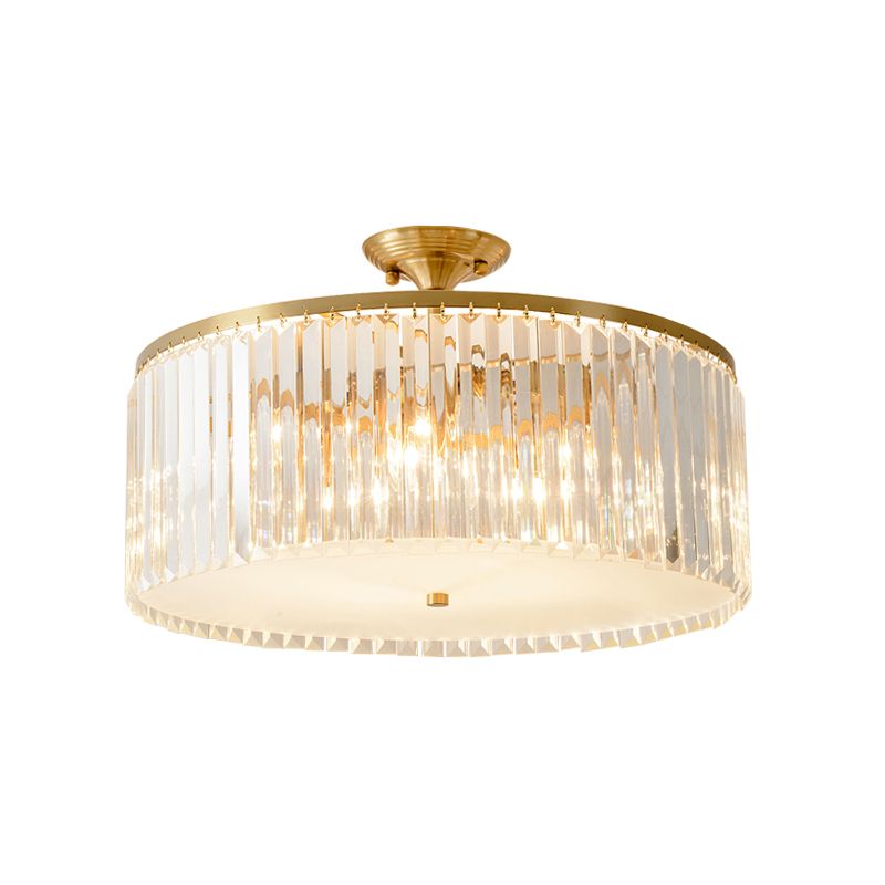 4/5/6 Bulbs Drum Semi Flush Ceiling Light Modern Clear Crystal Ceiling Lamp in Gold for Living Room