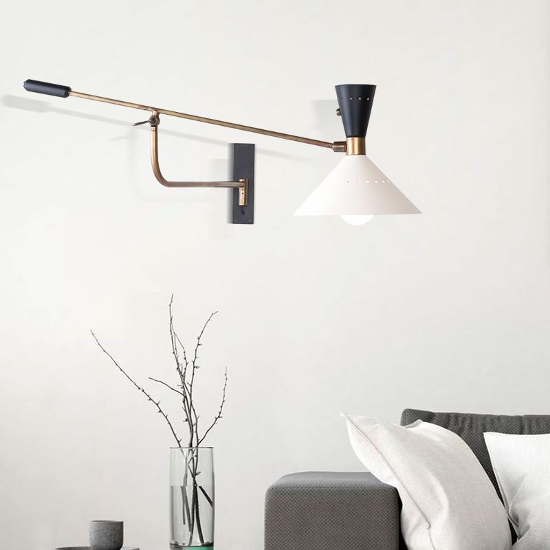 Nordic Swing Arm Wall Light Metal Conical Shade Wall Sconce for Living Room
