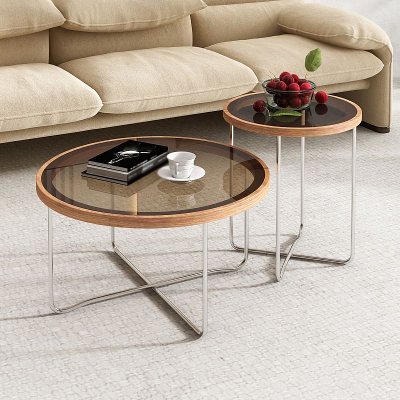 Cross Legs Base Design Cocktail Table Glass Desktop Round Coffee Table with Metal Base