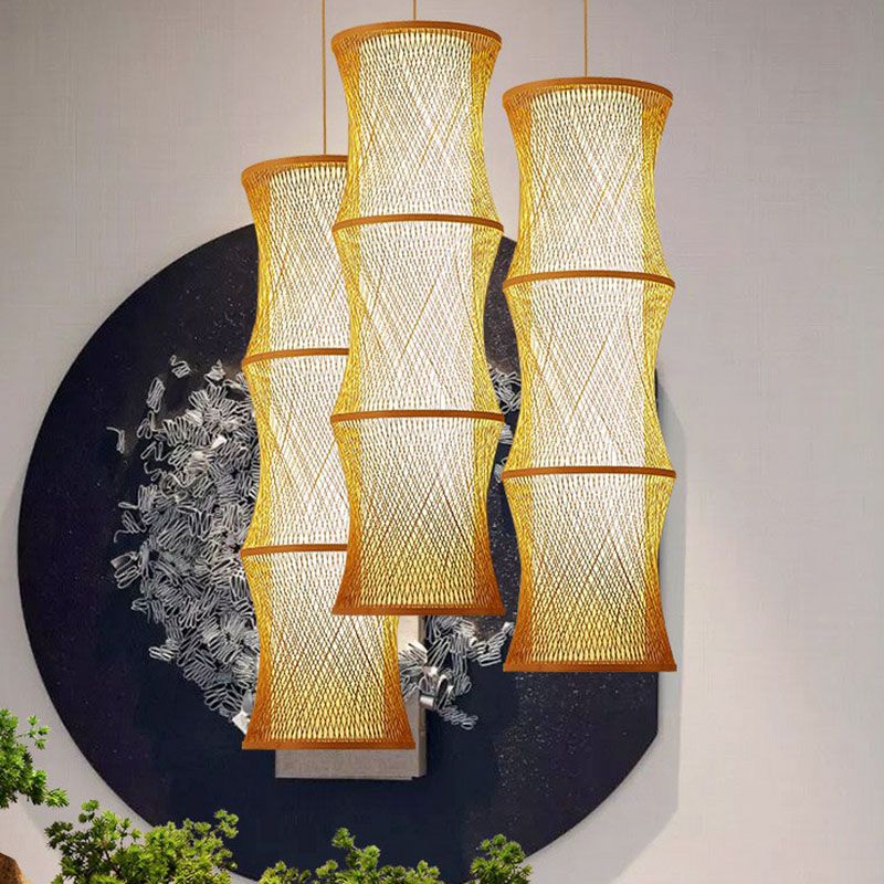 Asiatische 1-Licht-Deckenlampe Holz Fischfalle Drahtheize Beleuchtung mit Rattan Schatten