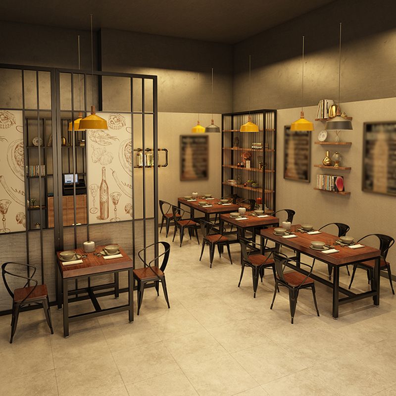 Mesa de comedor rectangular industrial, mesa de madera maciza de pino con base de caballete negra para uso doméstico