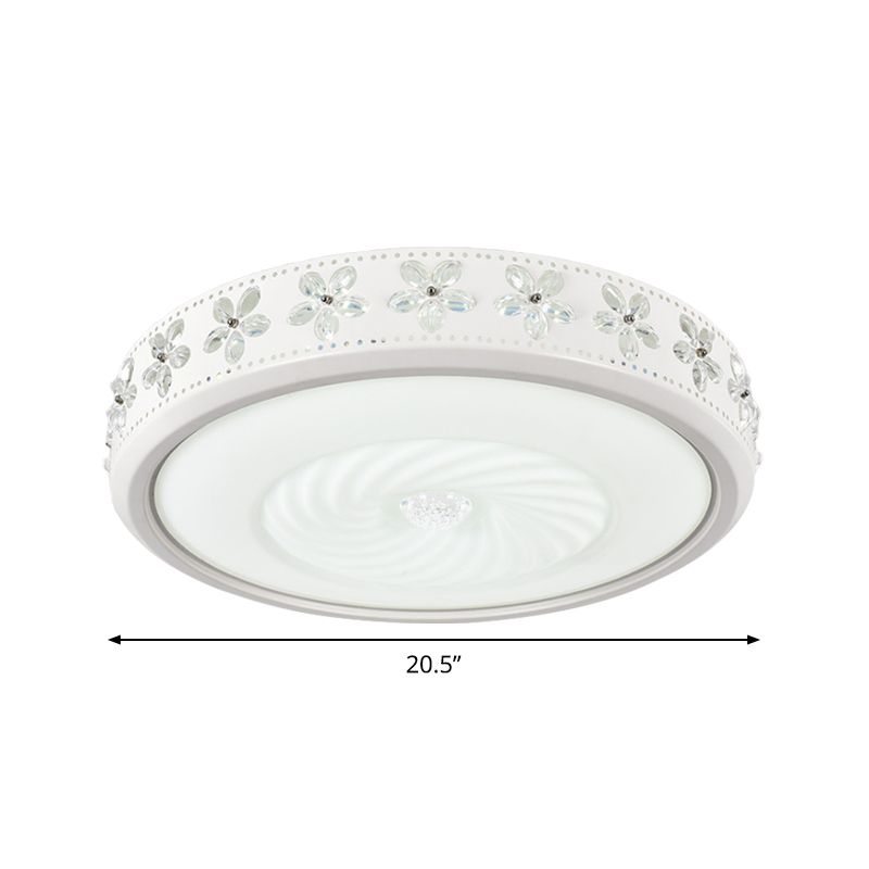 Round Metal Ceiling Fixture Minimalism 20.5"/24.5" Wide LED White Flush Mount Lamp with Floral Crystal Deco in Warm/White Light