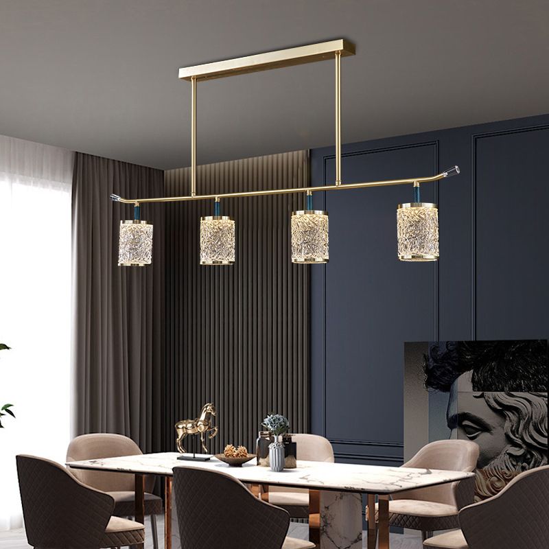 Diner Chandelier Modern Brass Pendant Light with Cylindrical Rippled Glass Shade