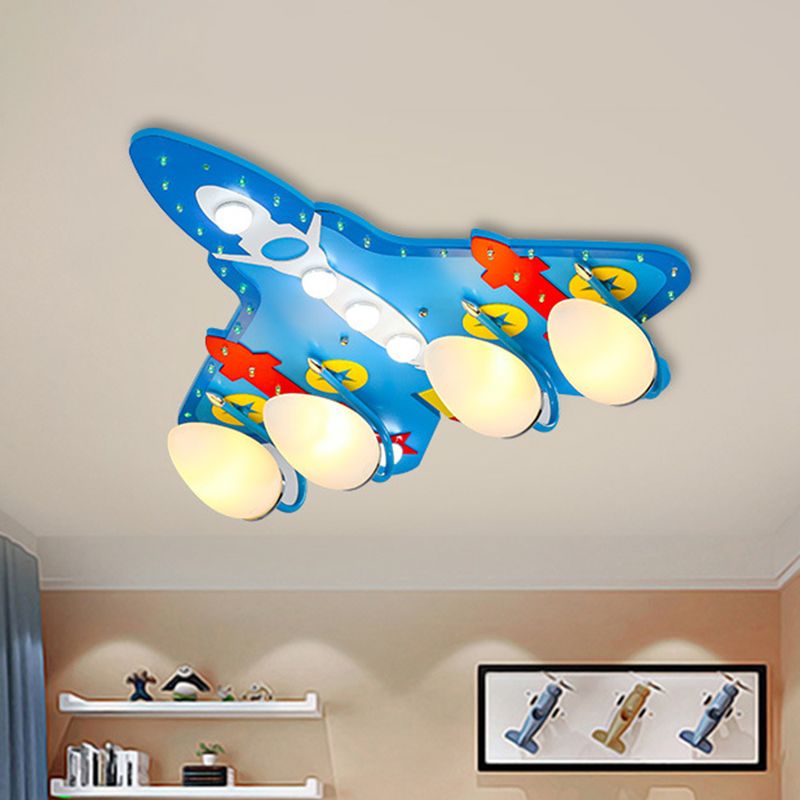 Egg Close to Ceiling Lamp Kids Opaline Glass 4 Lights Nursery Semi Flush Mount Lamp with Aircraft Design in Blue