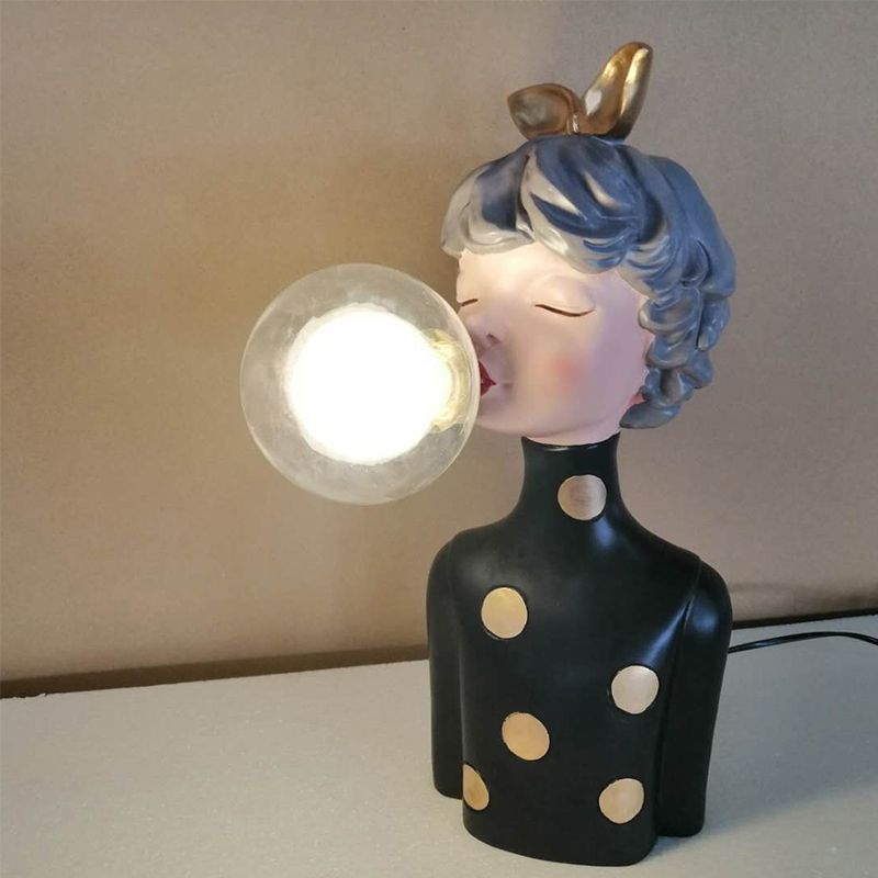 Blowing Bubble Girl Resin Desk Light Cartoon 1 Bulb Black Night Lamp with Clear/Blue/Green Glass Shade