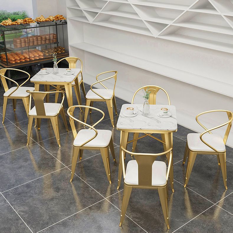 Industrial Dining Table White Sintered Stone Table with Gold Sled Base for Dining Room
