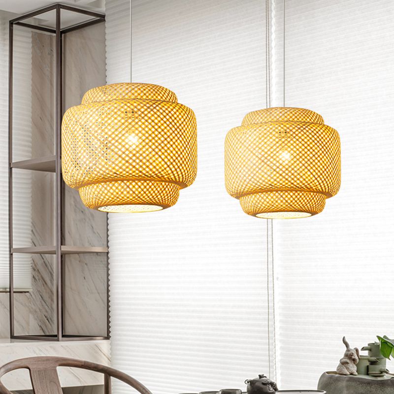 Modern Lantern Ceiling Light Bamboo Single Restaurant Hanging Pendant Light in Wood