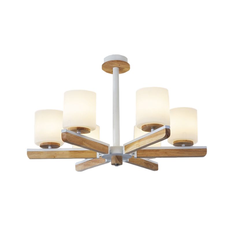 Cylindre moderniste Chandelier blanc givré en verre givré de 6 couches Pendential radial en bois