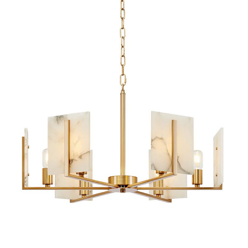 6 Lights Chandelier Pendant Light Colonial Expose Bulb Metal Suspension Lamp in Gold with Rectangle Marble Panel