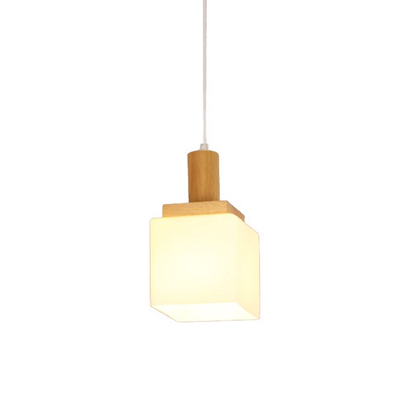 Cube Cream Glass Pendant Lighting Modern Asia 1-Head Wood Hanging Ceiling Lamp for Foyer