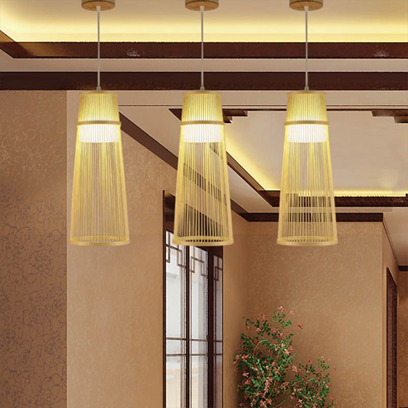 Beige Conical Drop Lamp Asian Style Single Bulb Bamboo Hanging Ceiling Light for Living Room