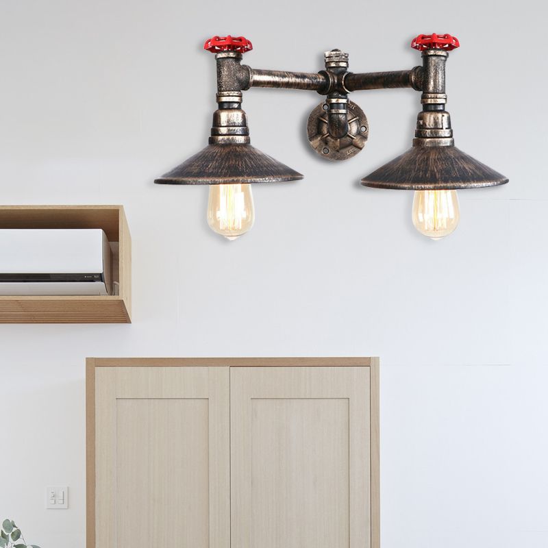 Weathered Bronze 2 Bulbs Wall Mount Light Steampunk Wrought Iron Cone Shade Wall Sconce with Red Valve