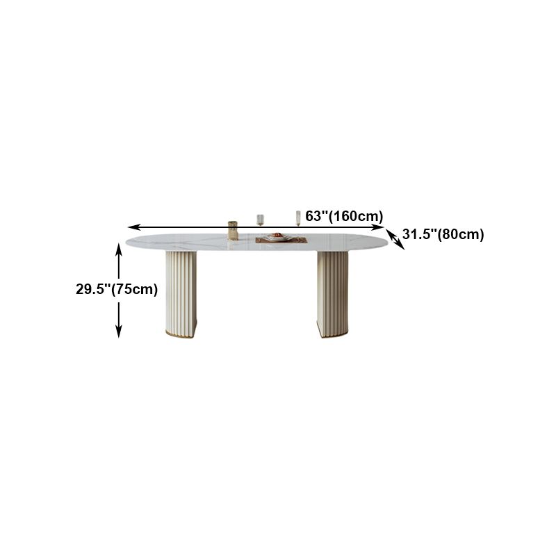 Mesa de comedor ovalada moderna de metal mesa de piedra sinterizada blanca con pedestal doble
