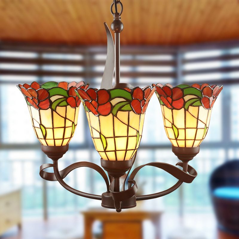 Cut Glass Red Chandelier Pendant Light Blossom 3/5 Lights Mediterranean Ceiling Lamp for Kitchen