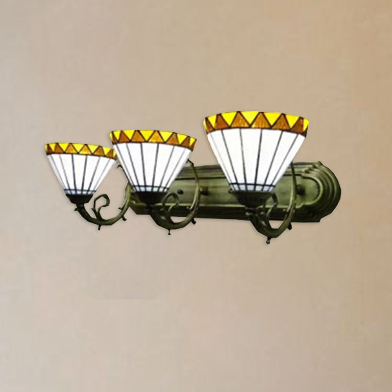 White Shuttlecock Wall Light with Yellow Edge 3 Lights Tiffany Wall Lamp for Living Room