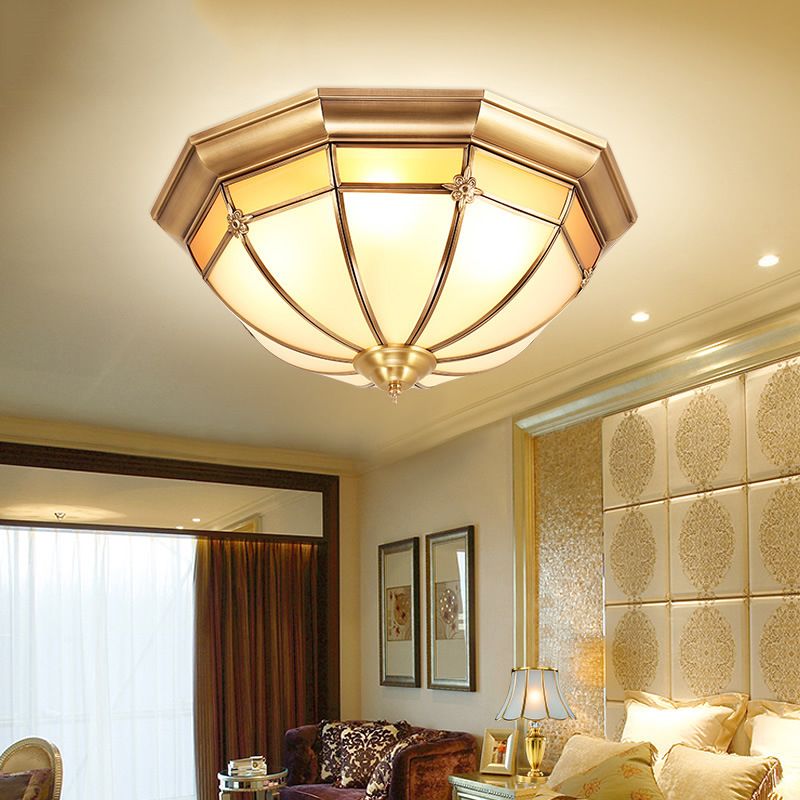 Brass Bowl Ceiling Light in Colonical Artistic Style Copper Indoor Flush Mount with Glass Shade