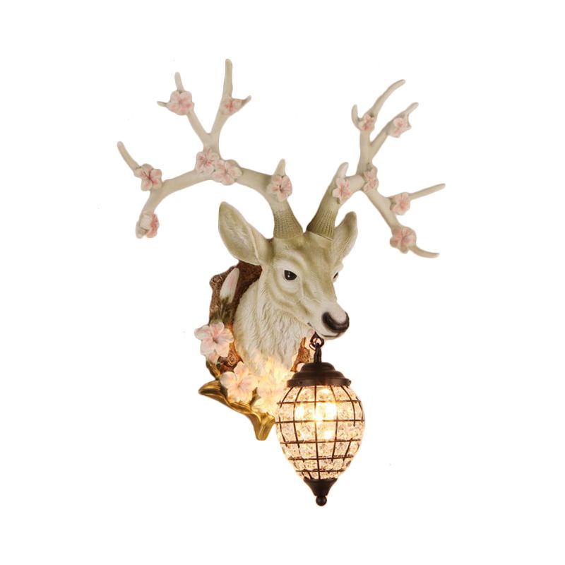 1 Light Resin Wall Lighting Country White/Yellow/Brown Deer Living Room Sconce Light Fixture with Teardrop Crystal Shade