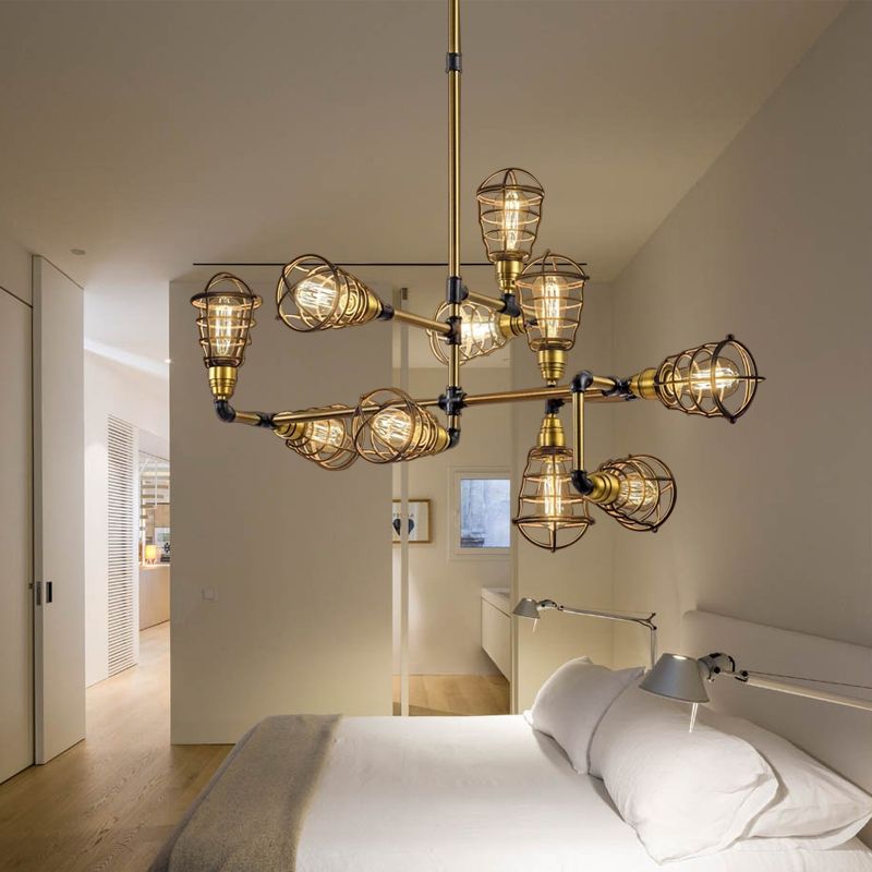 Kronleuchtermulti -Licht -Käfigleuchter mit Glühbirne -förmiger Vintage Loft gebürstet Messing Metallic Mini Anhängerlampe