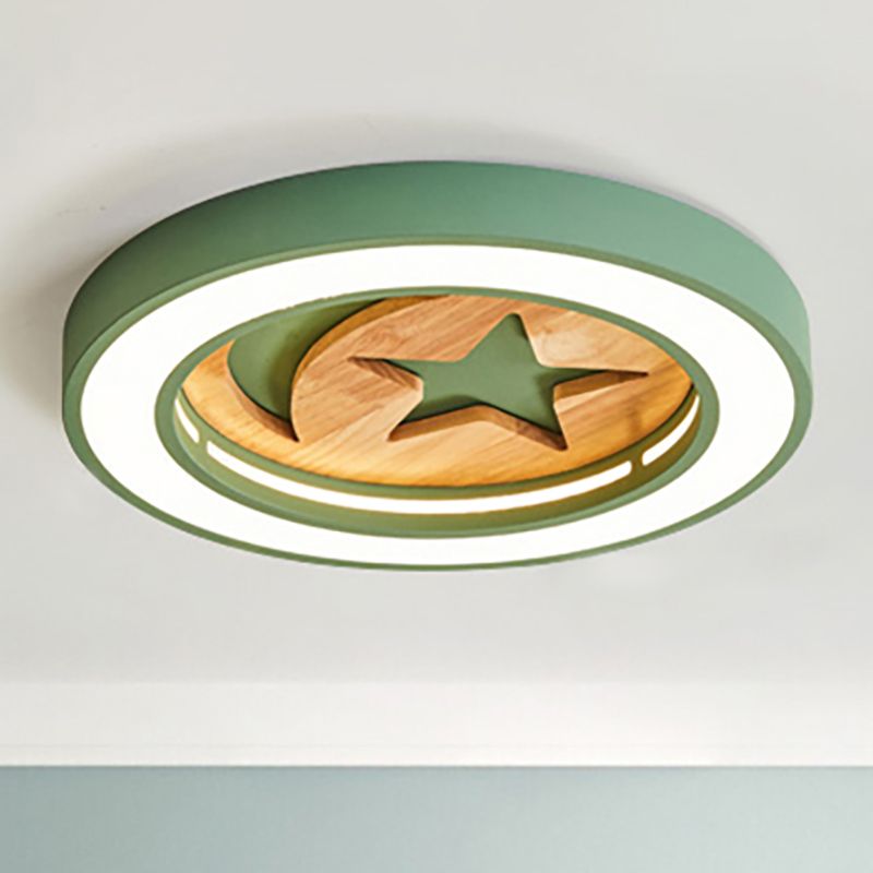 Baby Room Circulaire Flushmount Light with Star & Moon Wooden Nordic LED Ceiling Light