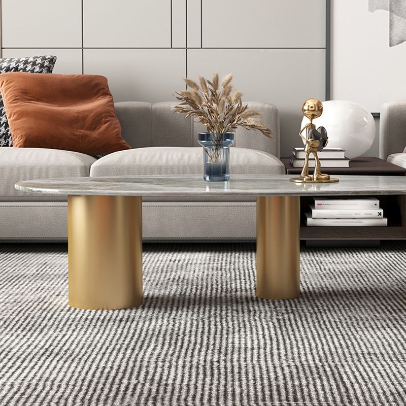 Oval Stone Top Coffee Table Set with 3 Steel Legs for Living Room