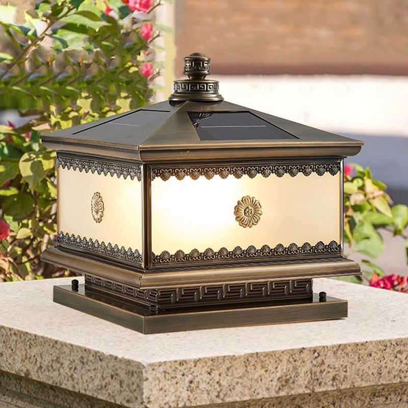 Rectangle Shape Metal Solar Pillar Lamp Modern 1-Light Outdoor Waterproof Light in Bronze