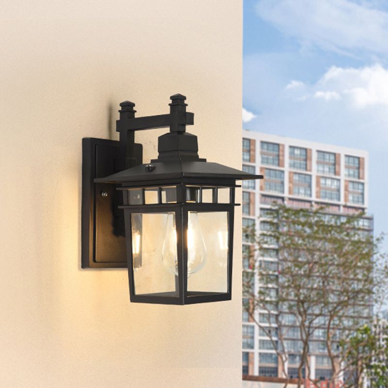 Pavilion Clear Glass Wall Lighting Industrial 1-Bulb Outdoor Wall Mounted Lamp in Black
