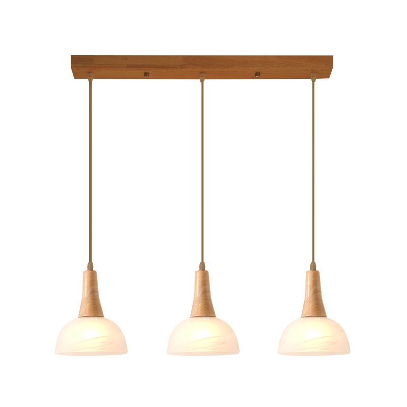 Bell/Bowl/Barrel Ceiling Hang Lamp Nordic Ivory Glass 3-Head Dining Room Round/Linear-Canopy Cluster Pendant in Wood
