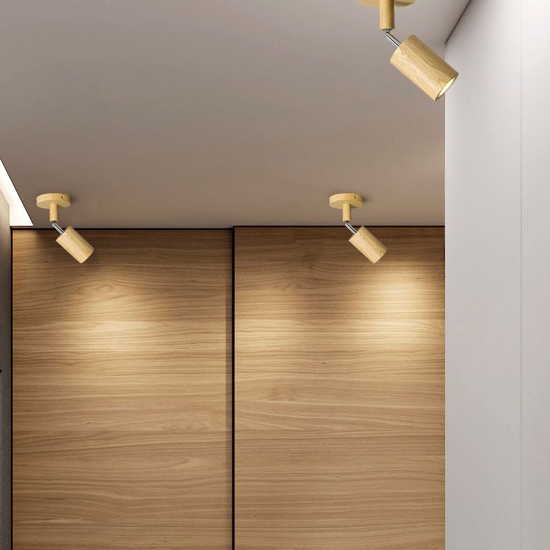Modern Wood Flush Mount Cylinder Shape Ceiling Light with Glass Shade for Living Room