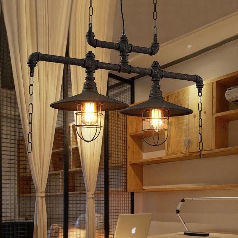 2/3 Heads Saucer Island Lighting Steampunk Black Iron Hanging Light Fixture with Cage and Chain Deco