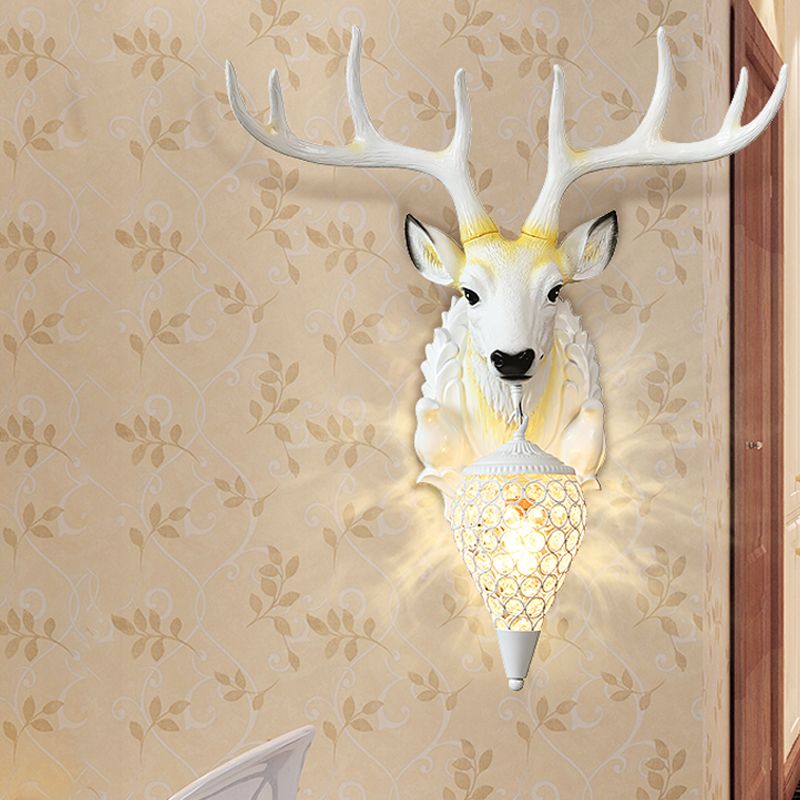 Country Oval Wall Mounted Lamp Single Light Beveled Crystal Wall Lighting Idea with Deer Head Design in White