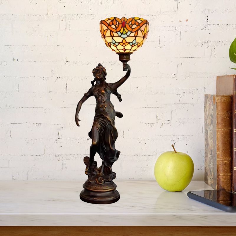 Tiffany-Style Angel Girl Table Lamp Single-Bulb Blue and White/Beige Cut Glass Nightstand Light for Bedroom